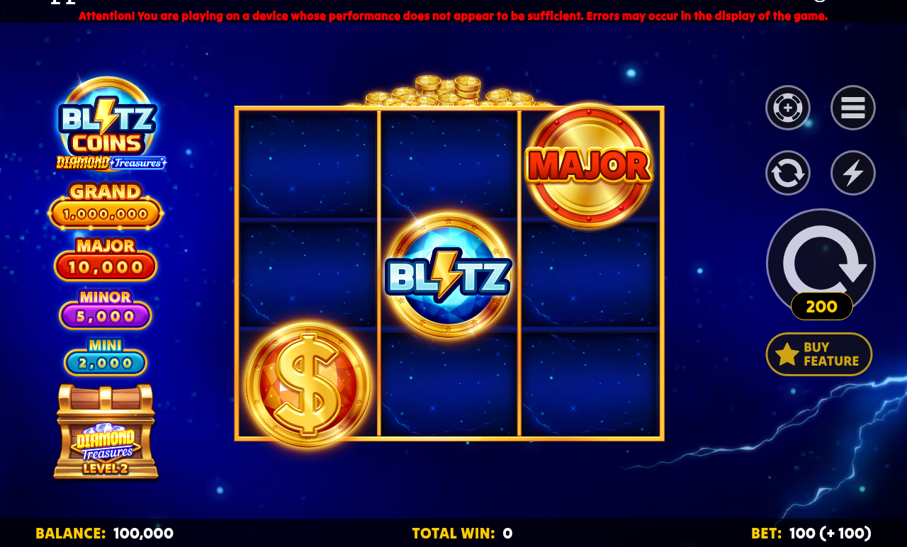 Blitz Coins Diamond Treasures base game with jackpot ladder on display
