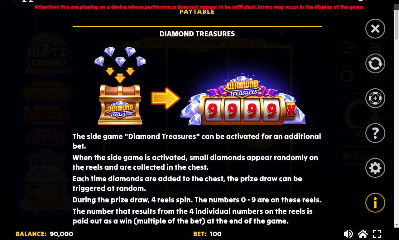 Blitz Coins Diamond Treasures rules page for the Diamond Treasures side game