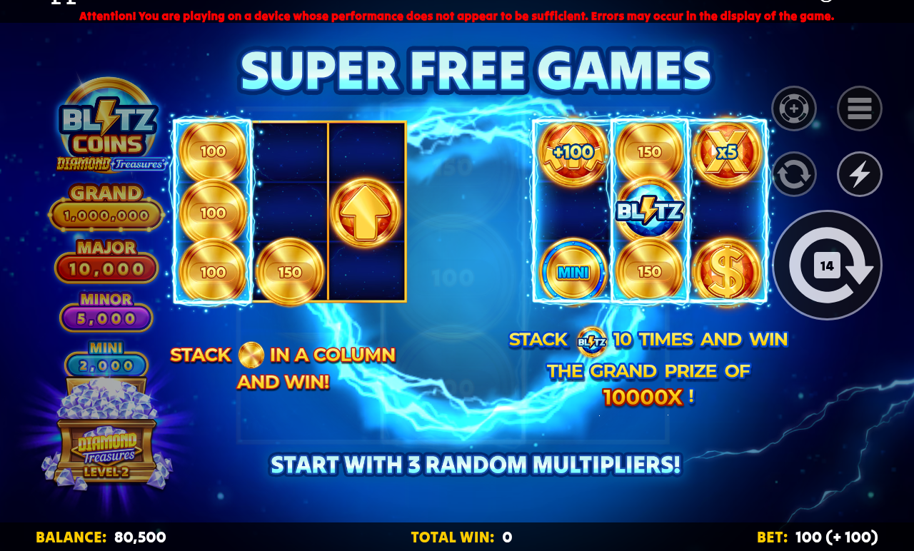 Blitz Coins Diamond Treasures gameplay screenshot from the Free Games round