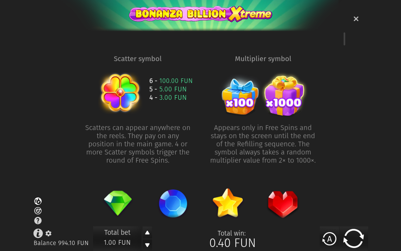 Bonanza Billion Xtreme Scatter and Multiplier symbols