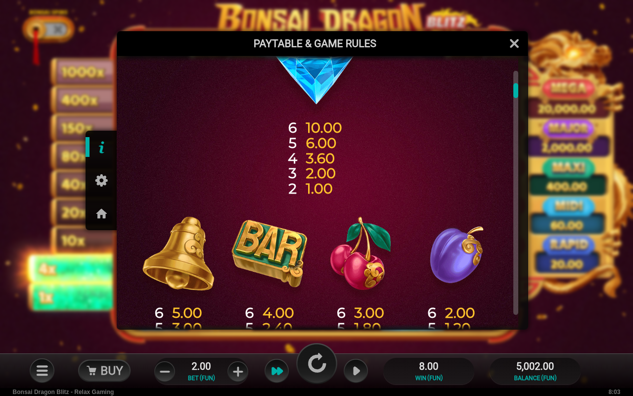 Bonsai Dragon Blitz information screen