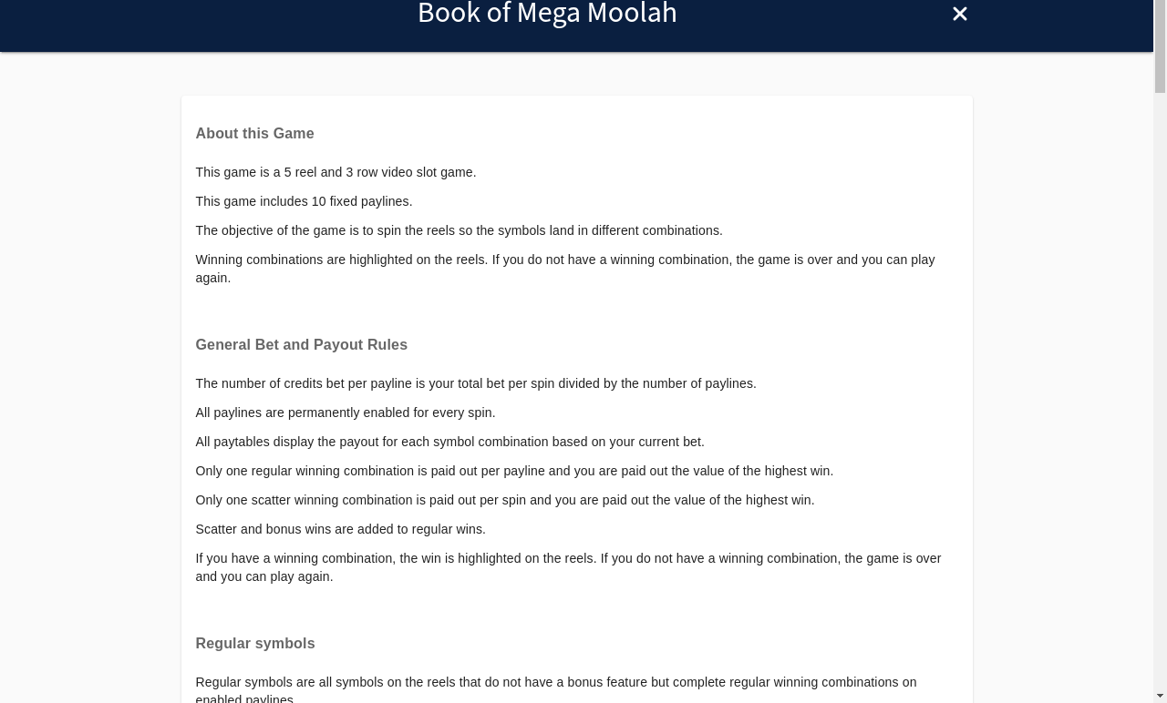 Book of Mega Moolah information screen