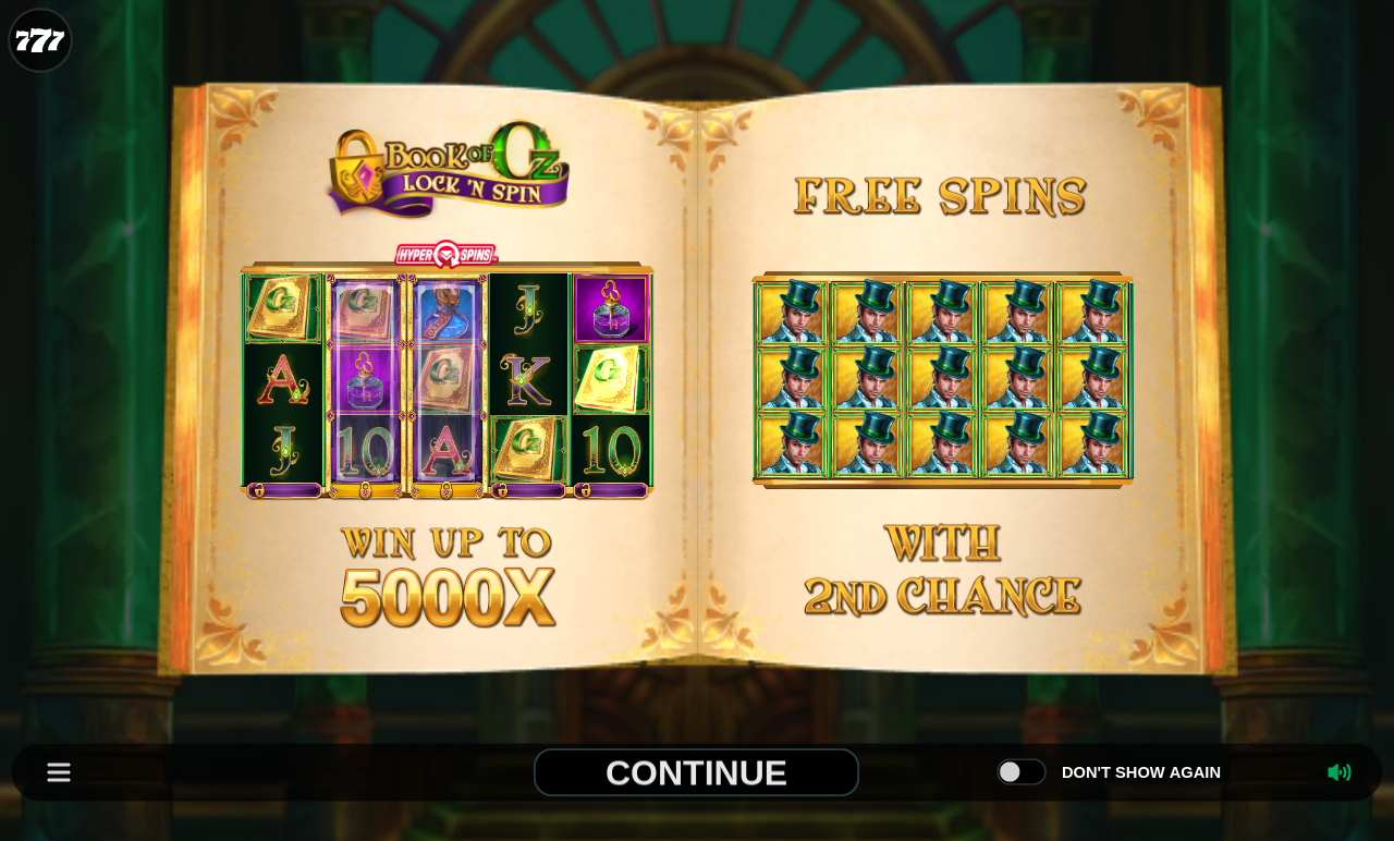 Book of Oz Lock N Spin information screen showing free spins rules