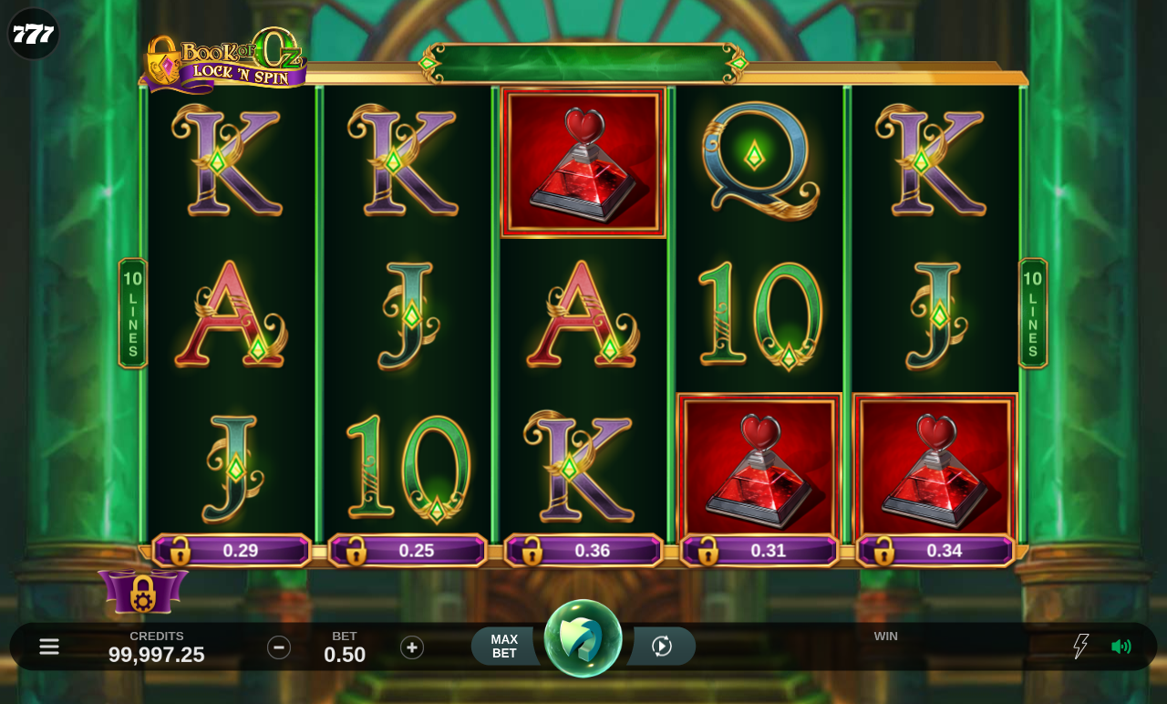 Book of Oz Lock N Spin gameplay showing locked reel costs