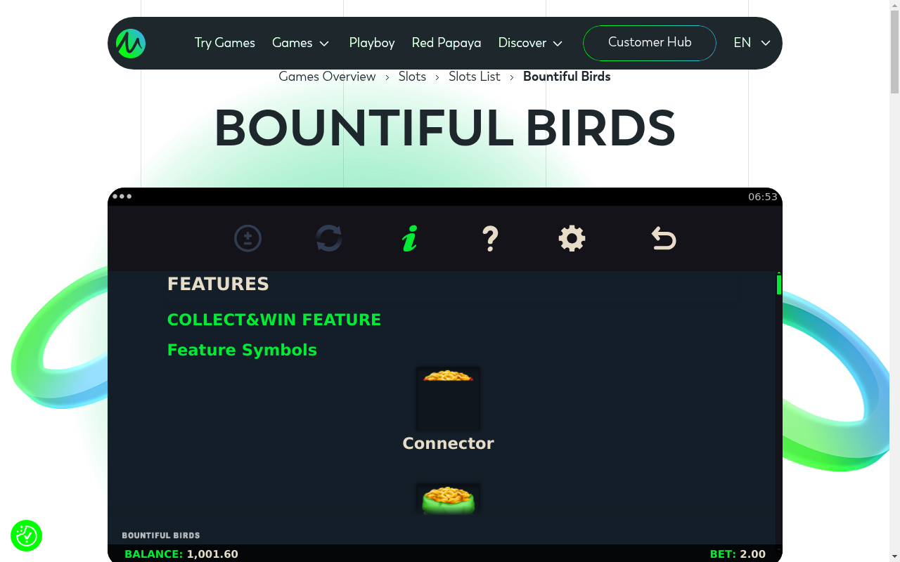 Bountiful Birds Collect&Win Feature symbols information screen
