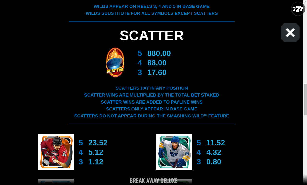 Break Away Deluxe information screen