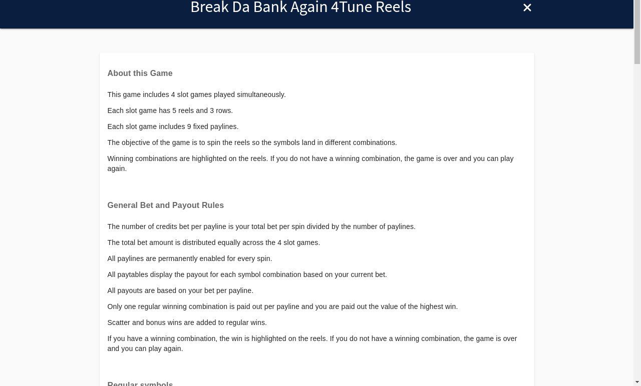 Break Da Bank Again 4Tune Reels information screen