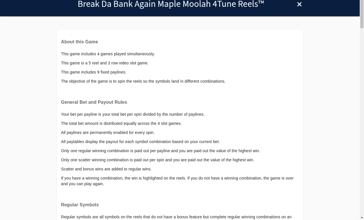 Break Da Bank Again Maple Moolah 4Tune Reels information screen