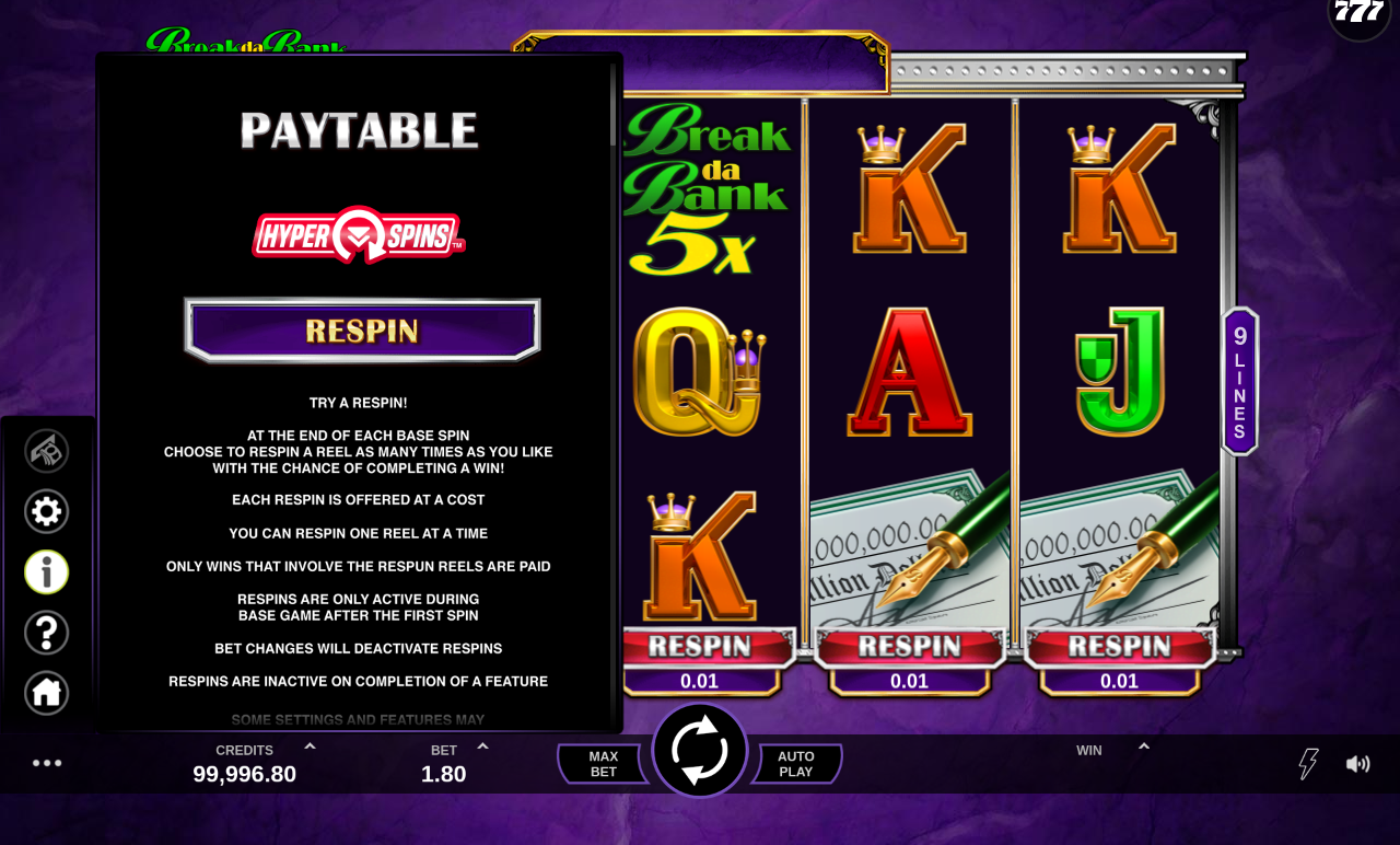 Break Da Bank Again Respin information screen