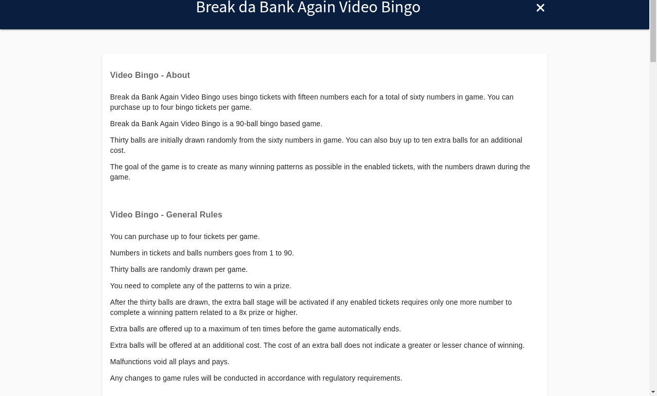 Break da Bank Again Video Bingo information screen