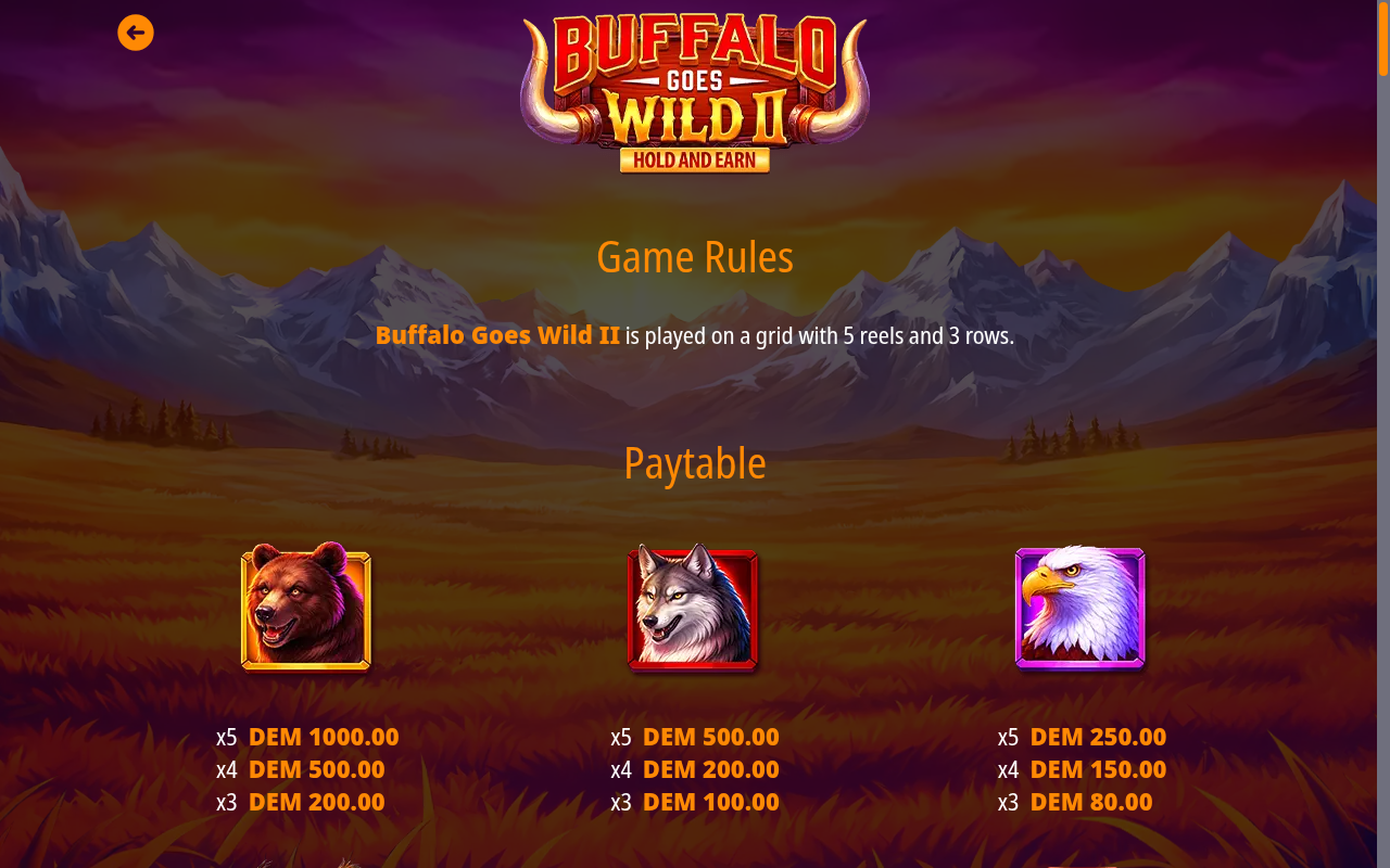 Buffalo Goes Wild 2 information screen