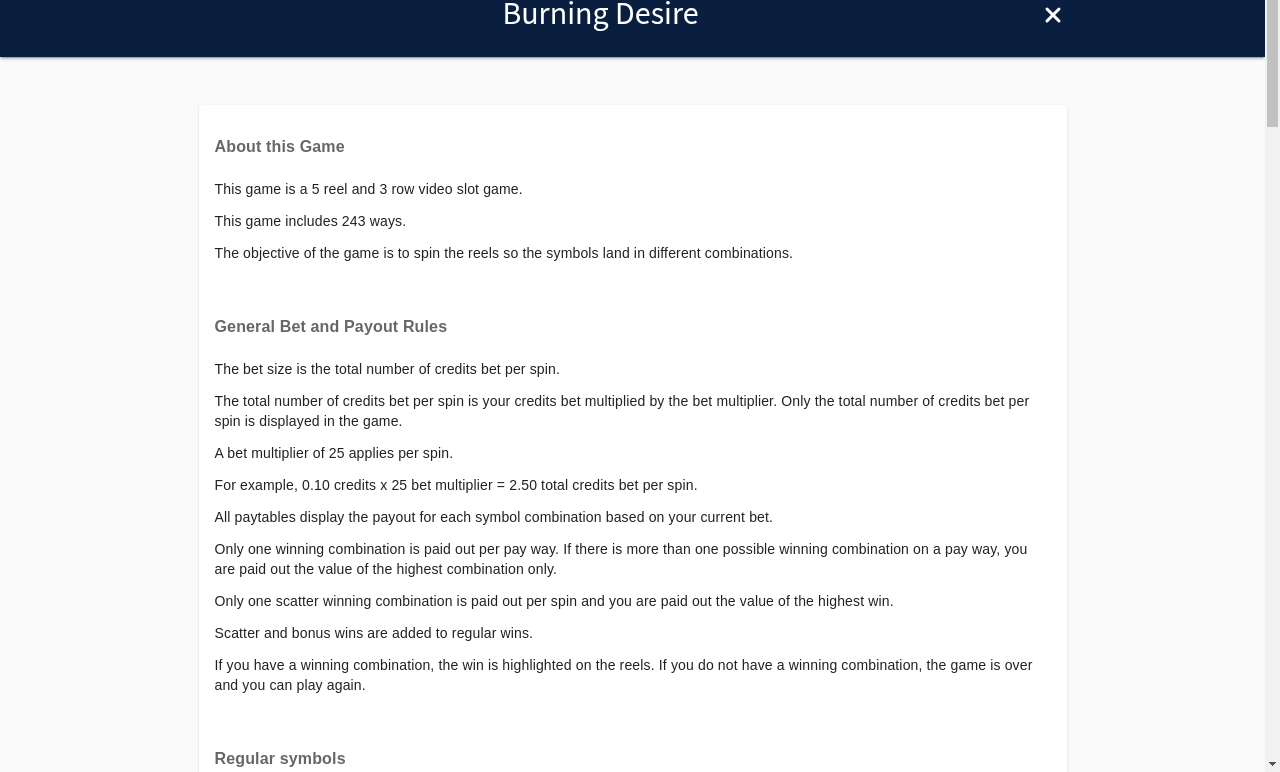 Burning Desire information screen
