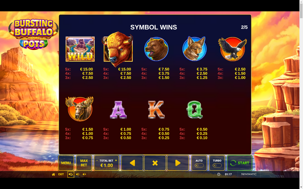 Bursting Buffalo Pots information screen