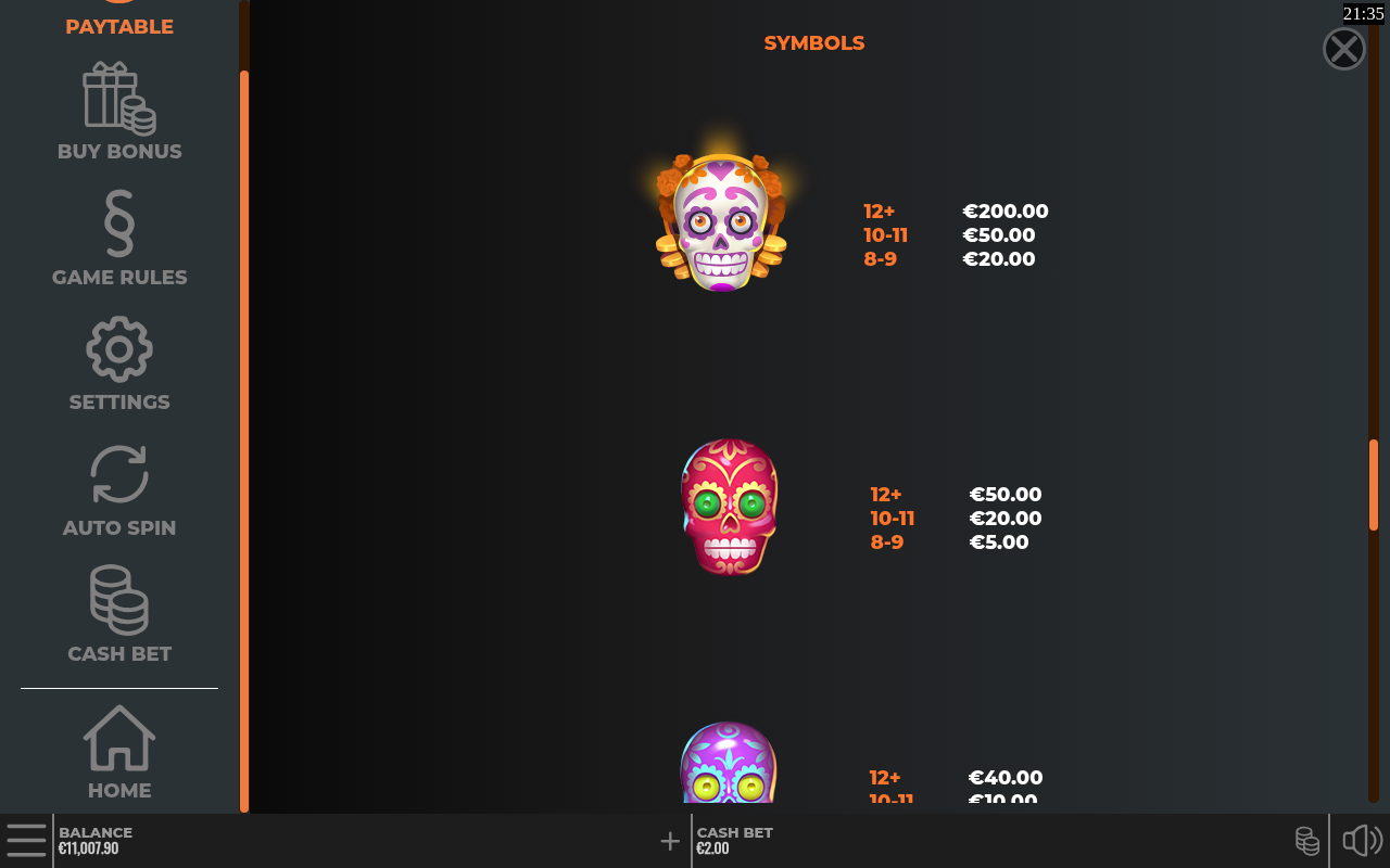 Calavera Crush information screen