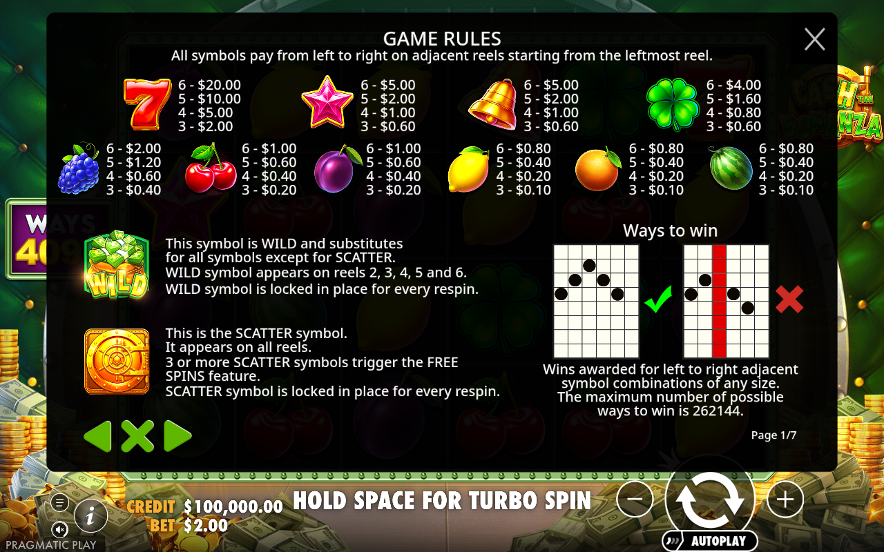 Cash Bonanza symbols and wild rules