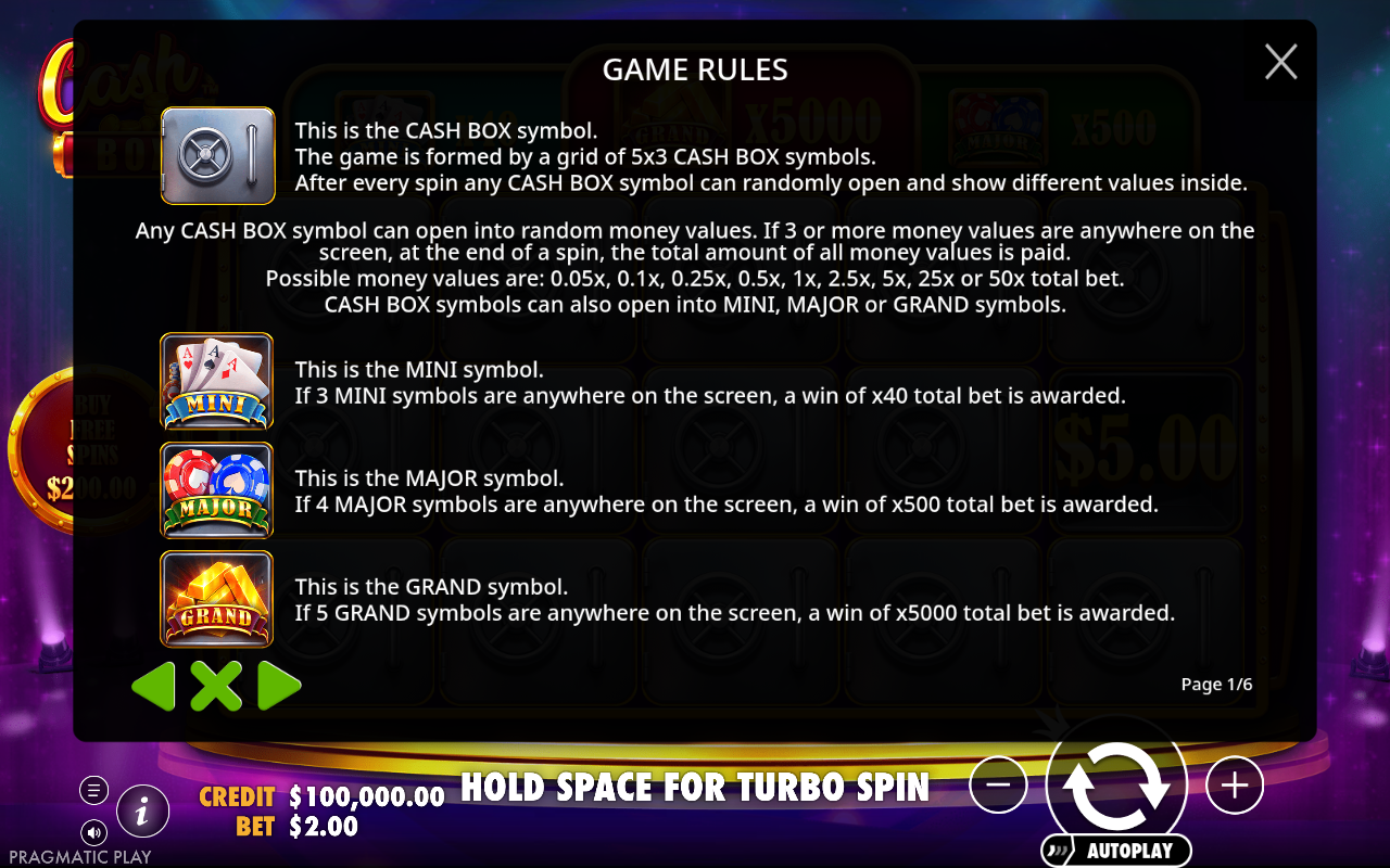 Cash Box information screen
