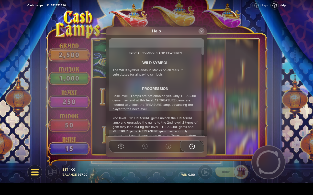 Cash Lamps information screen