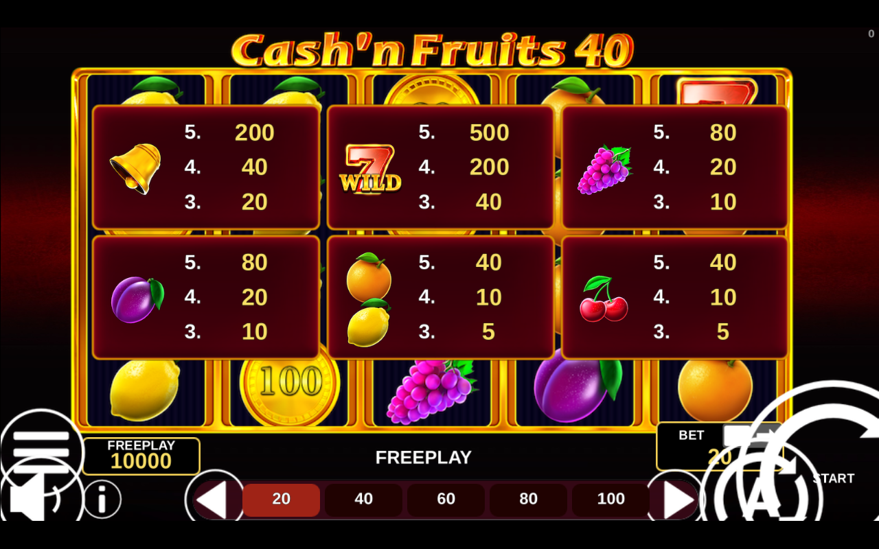 Cash'n Fruits 40 information screen
