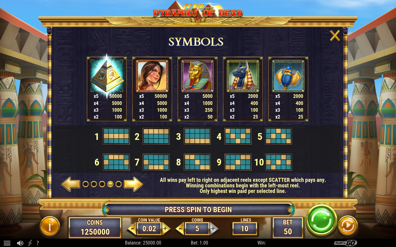 Cat Wilde and the Pyramids of Dead paylines information screen