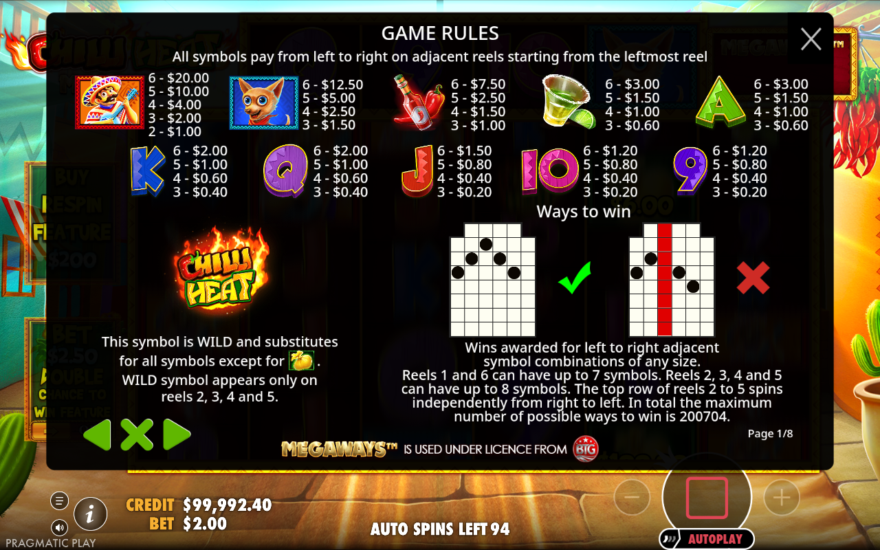 Chilli Heat Megaways information screen showing symbols and ways to win