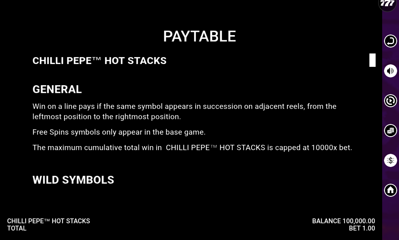 Chilli Pepe Hot Stacks rules screen