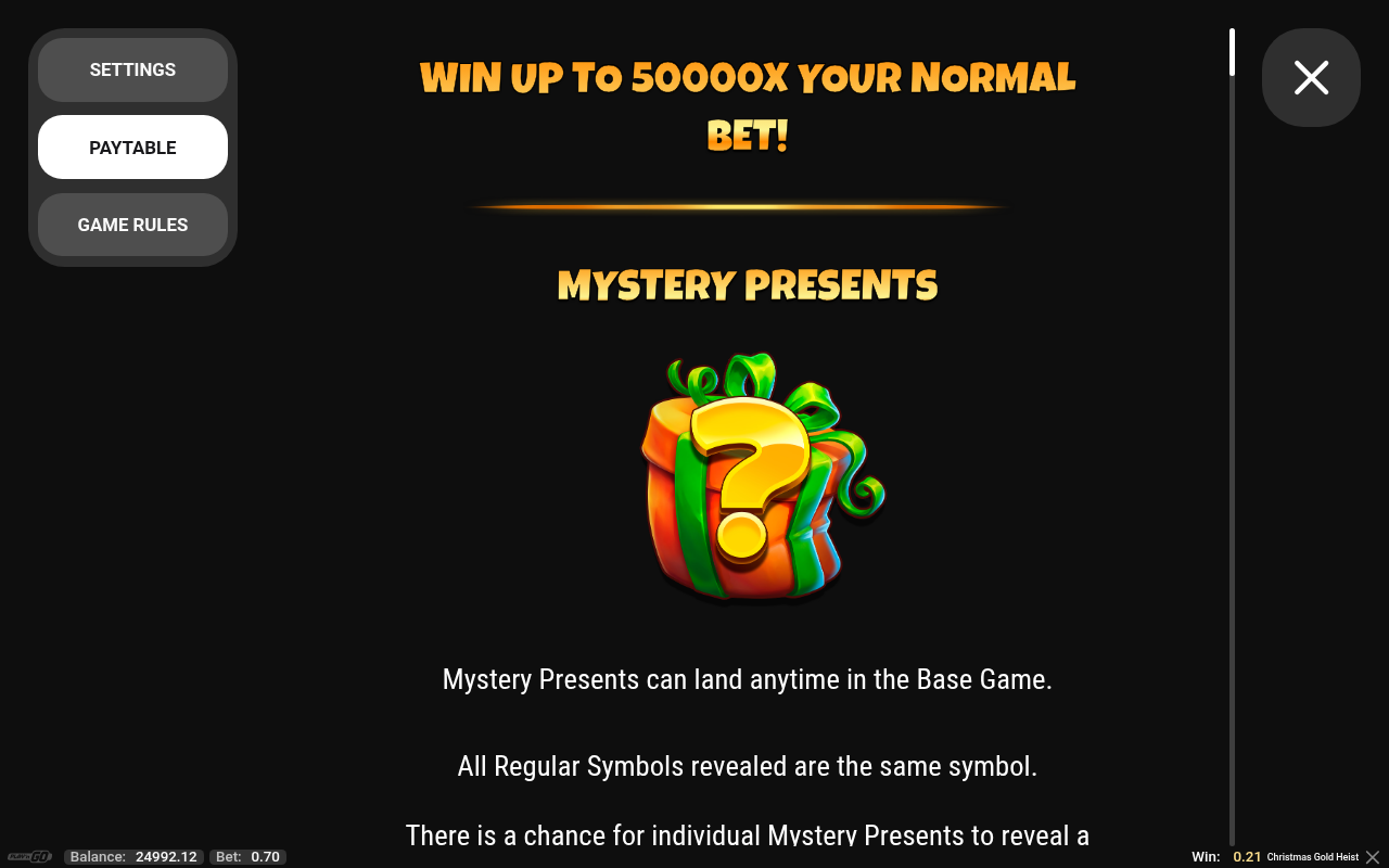 Christmas Gold Heist information screen