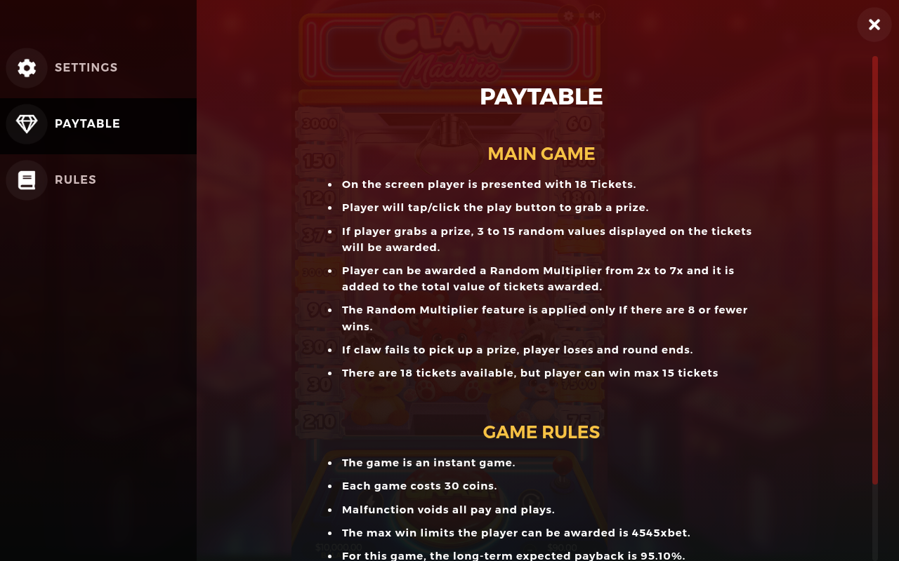 Claw Machine information screen