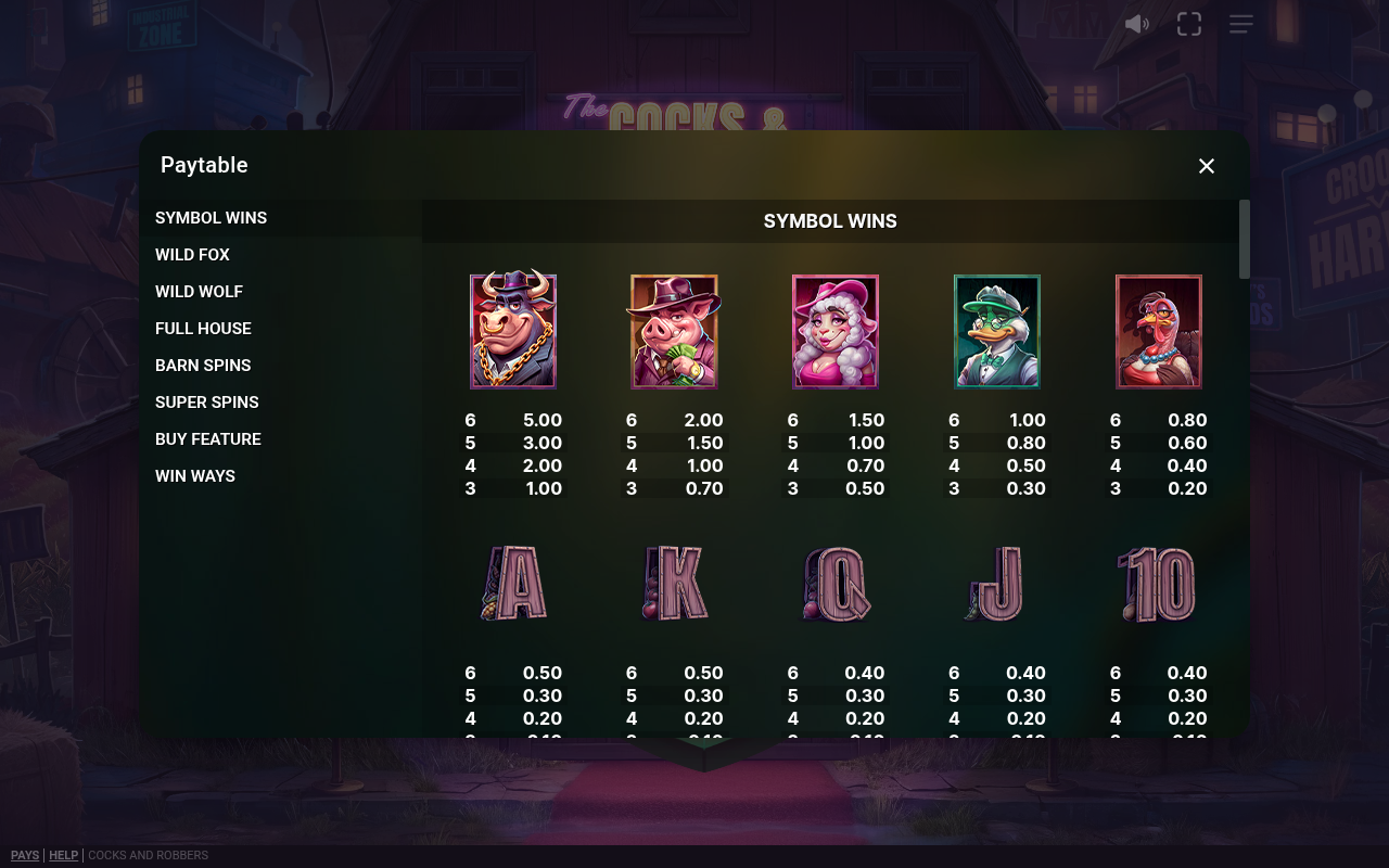 Cocks & Robbers information screen