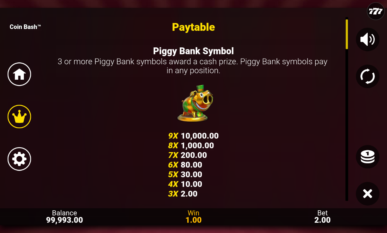 Coin Bash information screen