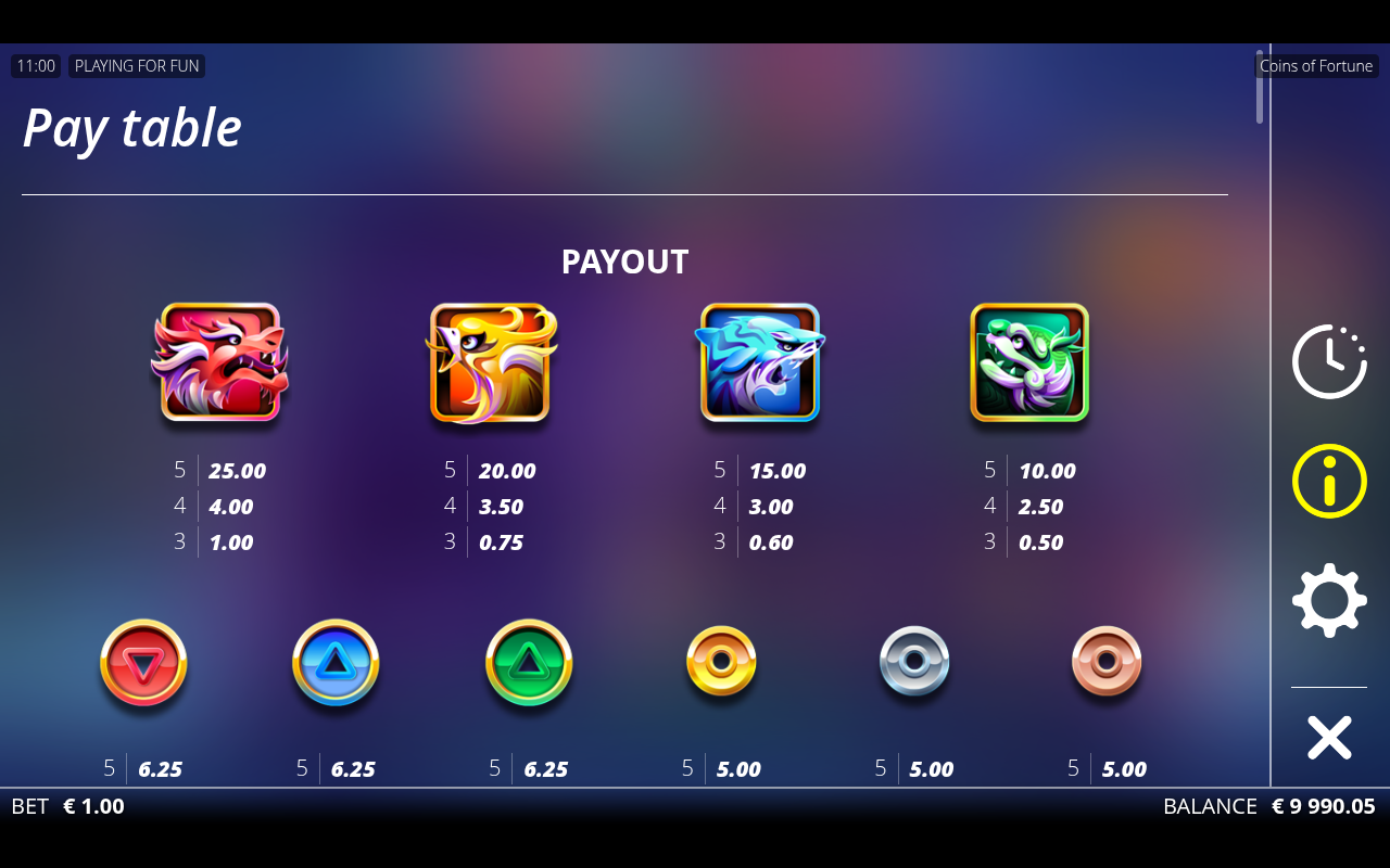 Coins of Fortune information screen