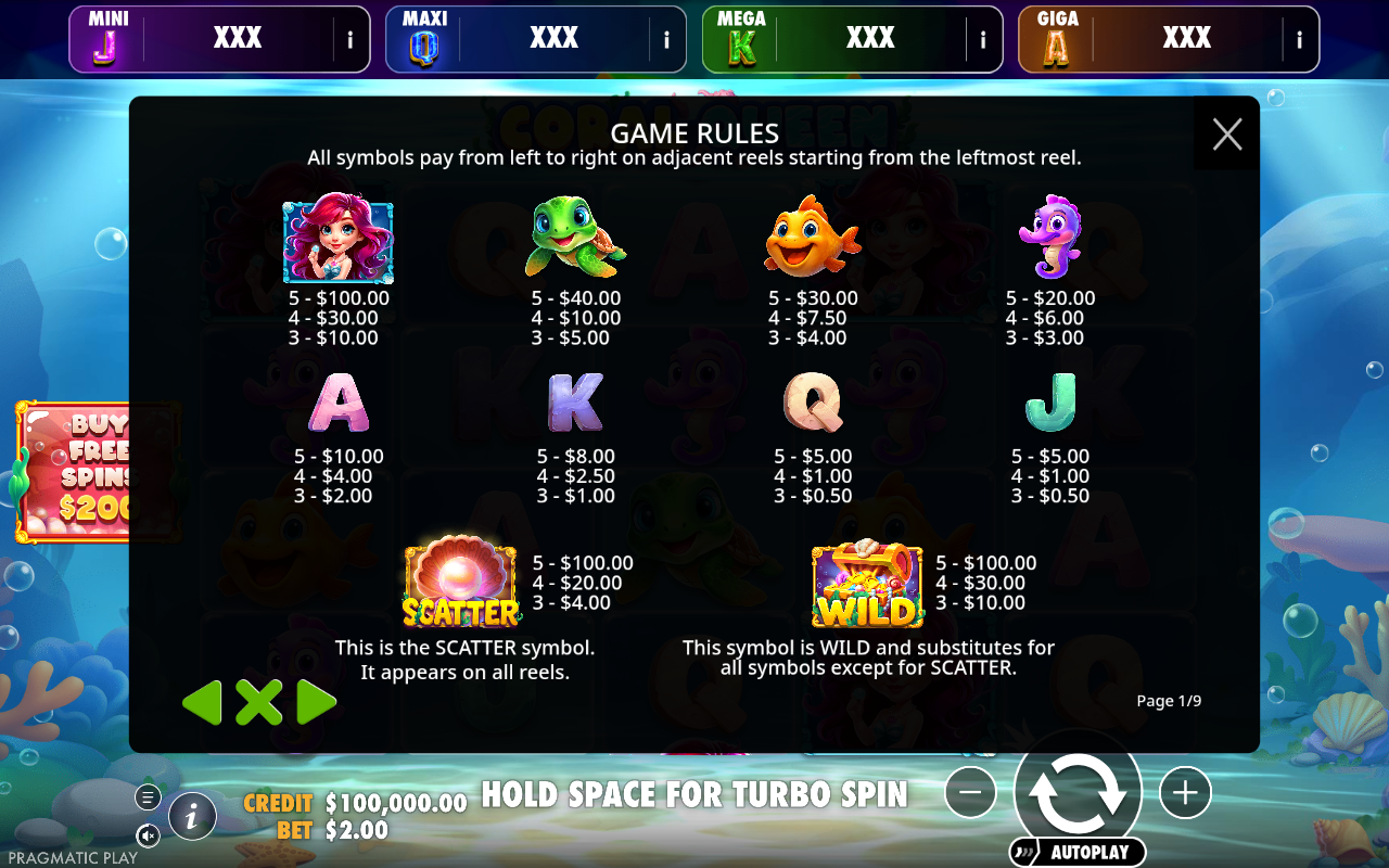Coral Queen - Oranje Jackpot wild and scatter rules