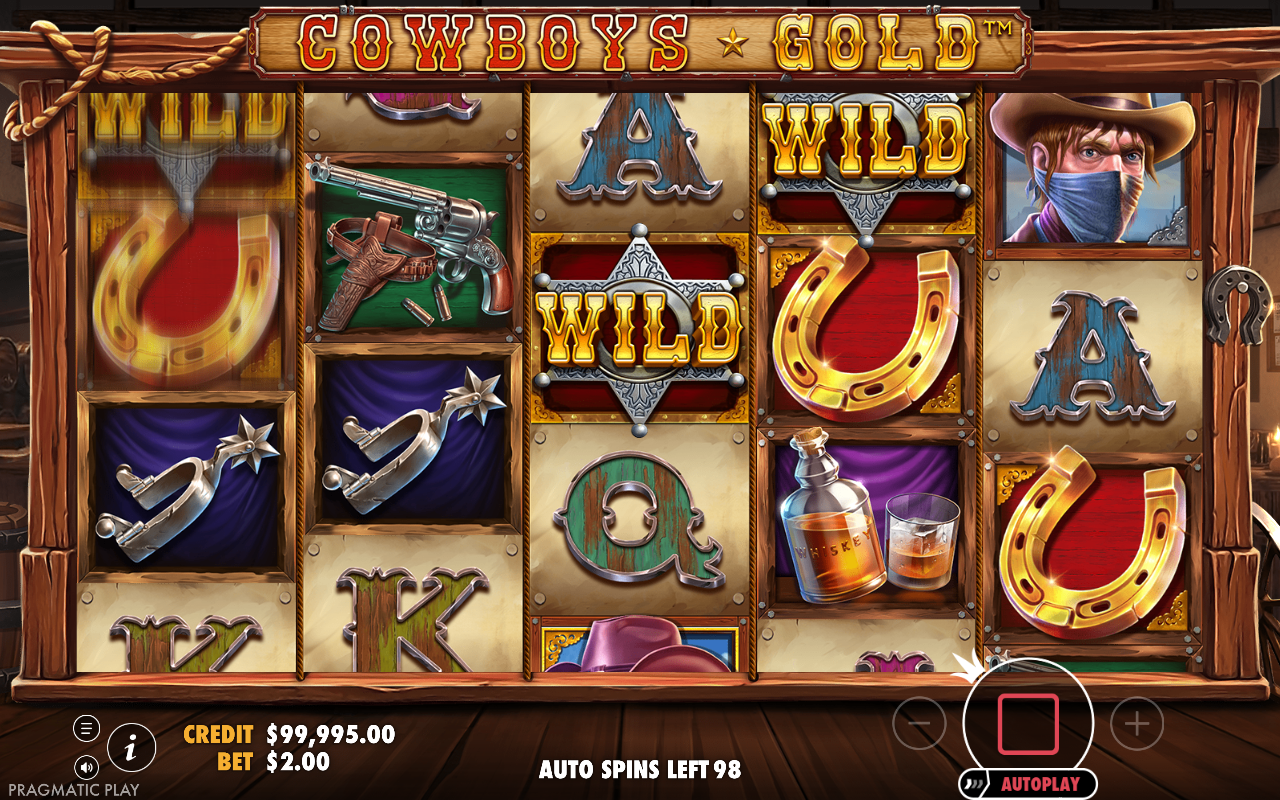 Cowboys Gold gameplay showing cowboy symbols with multiplier values