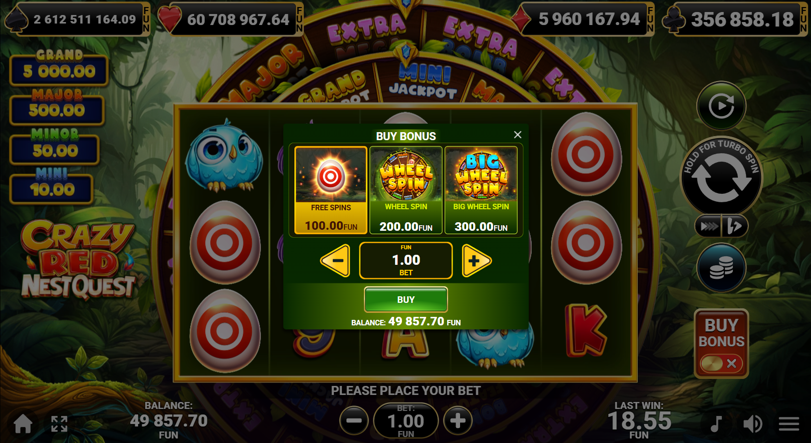Crazy Red Nest Quest Bonus Buy menu