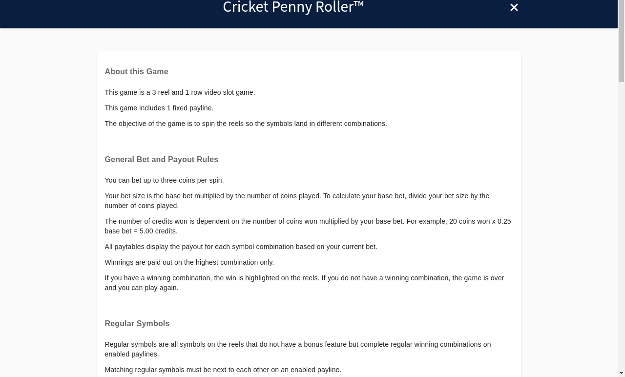 Cricket Penny Roller information screen
