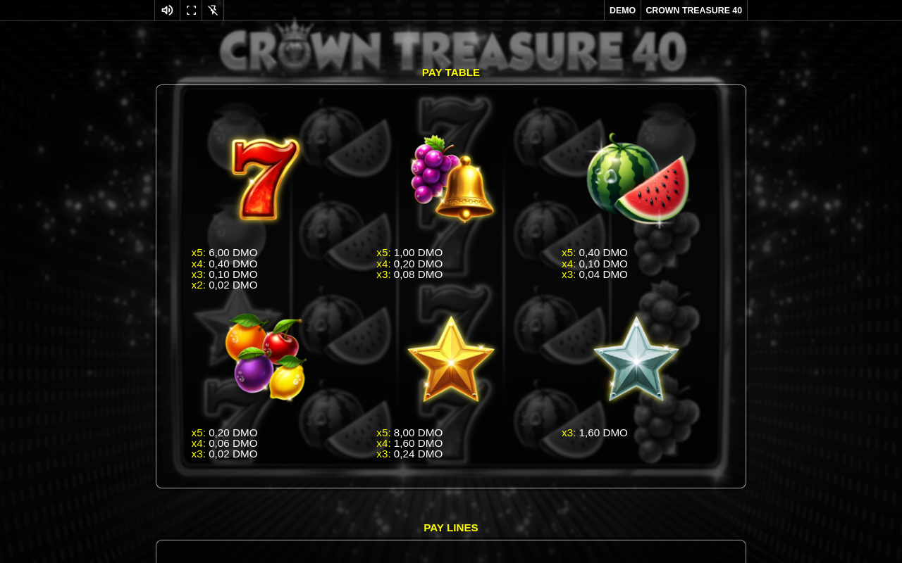 Crown Treasure 40 information screen
