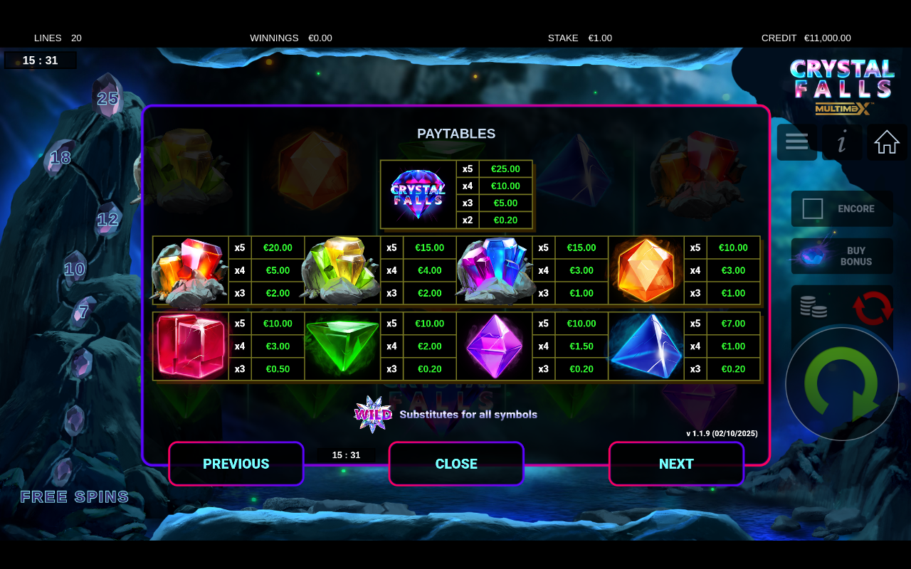 Crystal Falls MultiMax wild symbol information screen