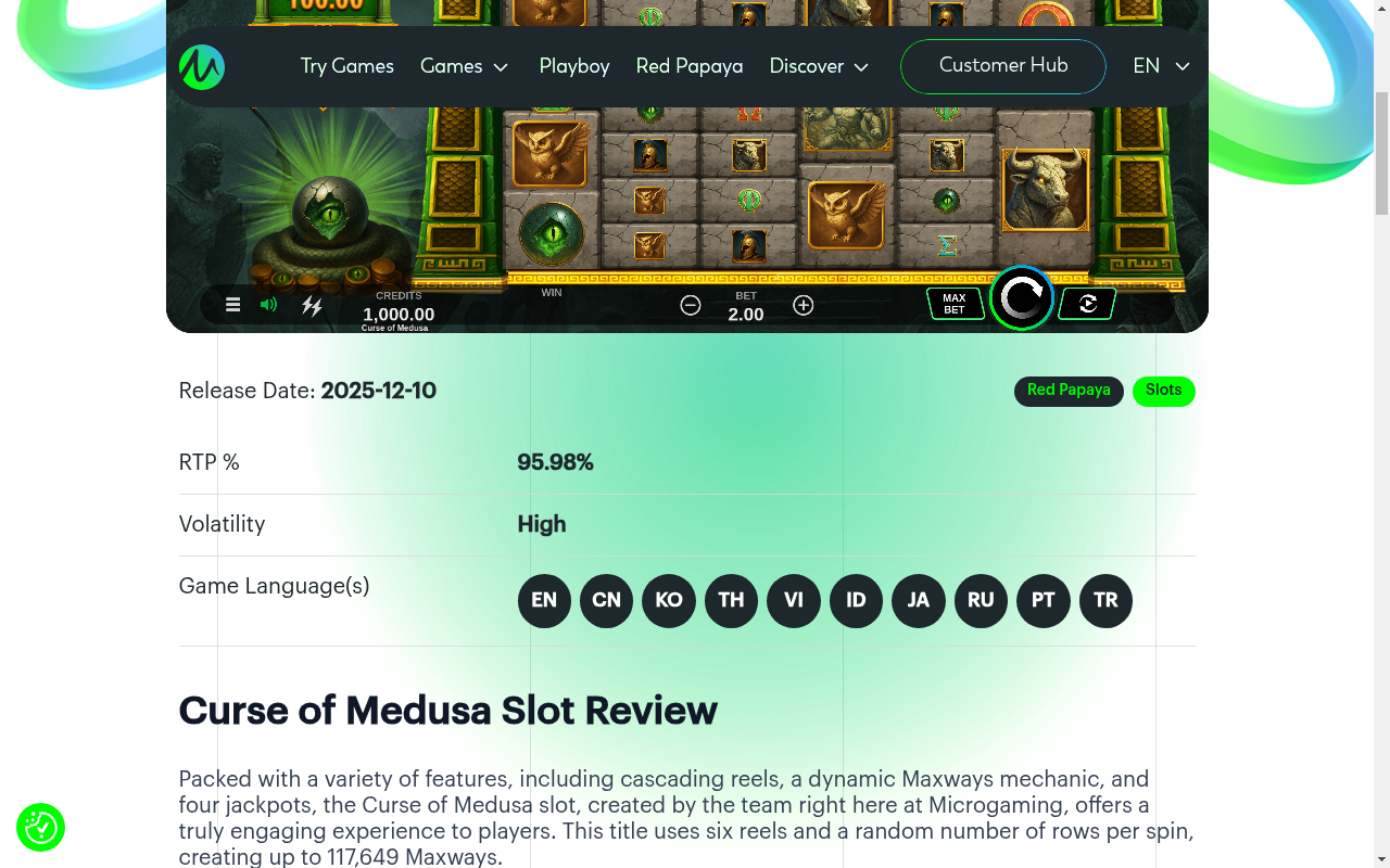 Curse of Medusa information screen