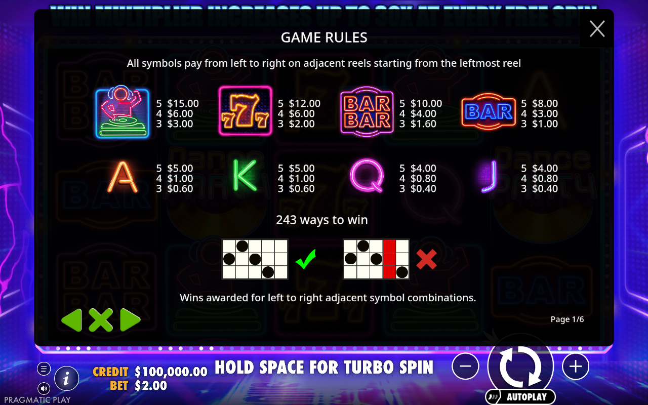 Dance Party information screen