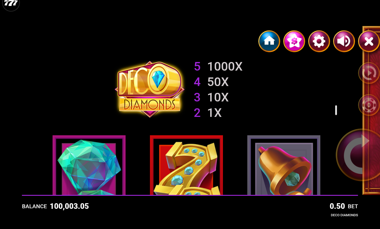 Deco Diamonds information screen