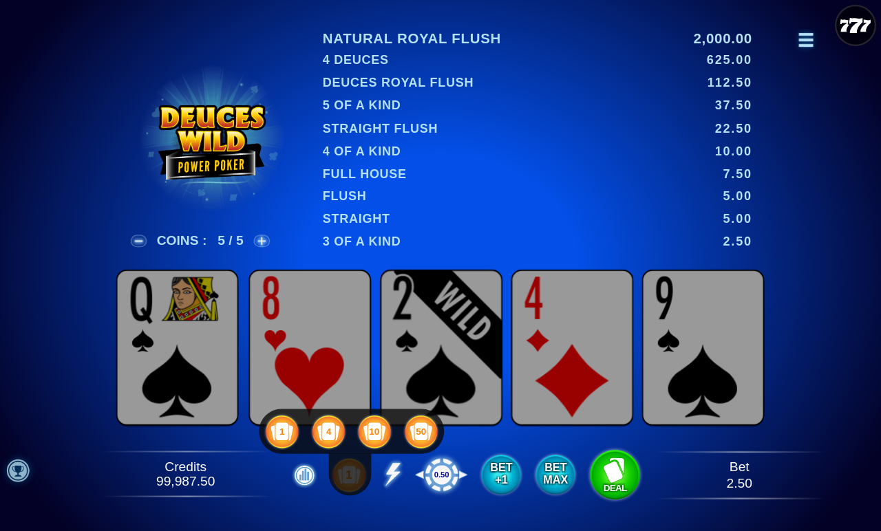 Deuces Wild - Power Poker information screen