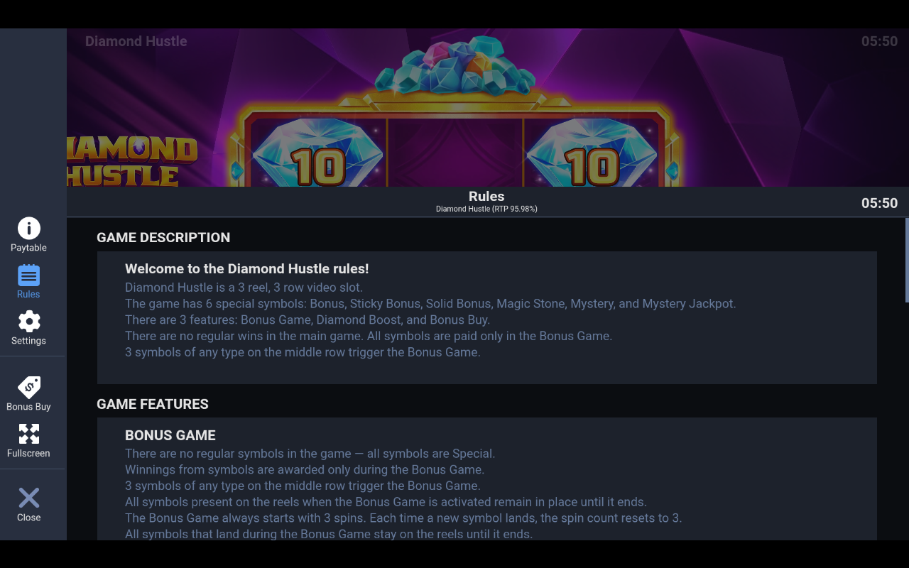 Diamond Hustle information screen
