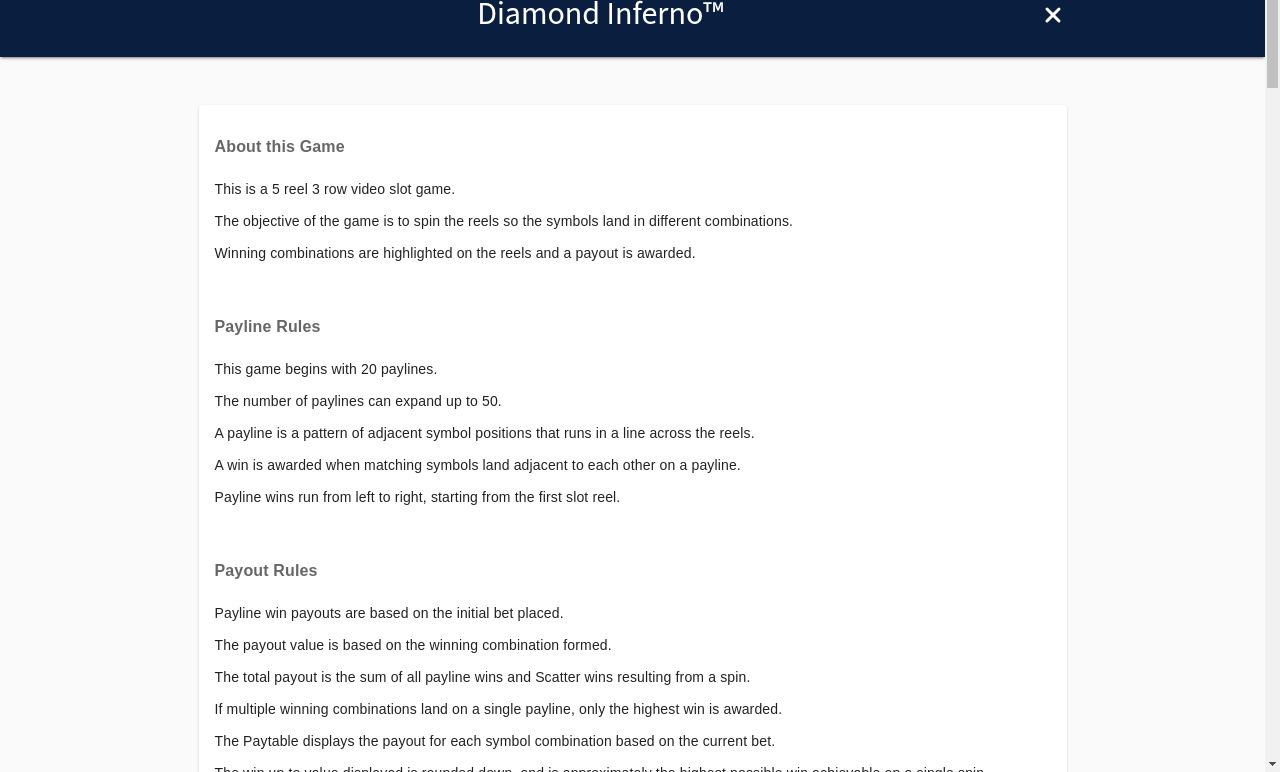 Diamond Inferno information screen