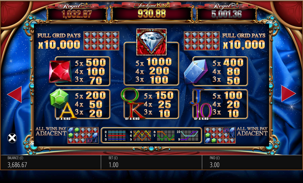 Diamond Jackpots Full Grid Pays information screen