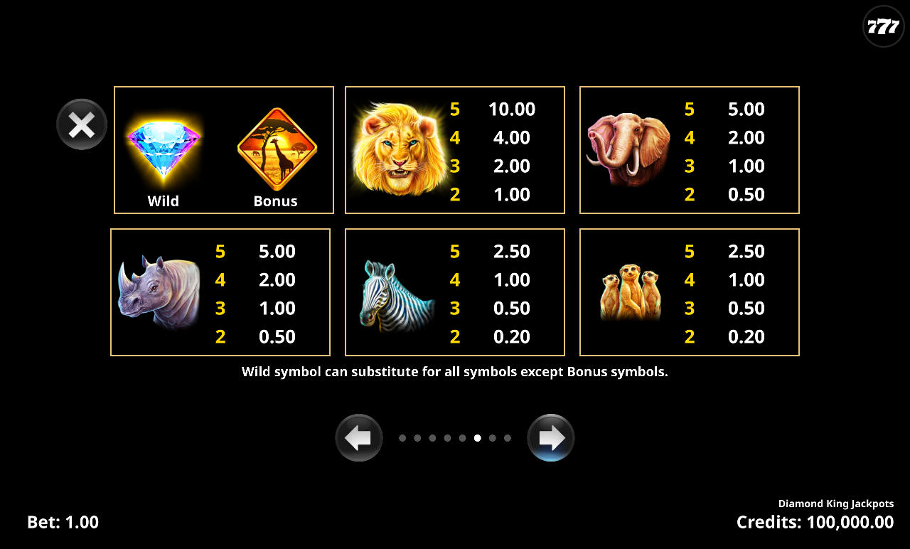 Diamond King Jackpots information screen