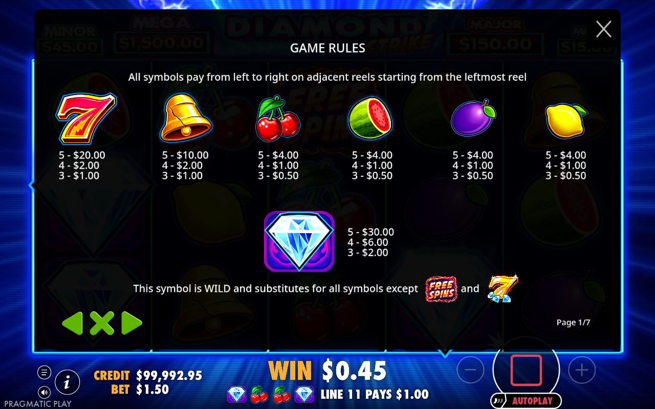 Diamond Strike paylines and wild rules
