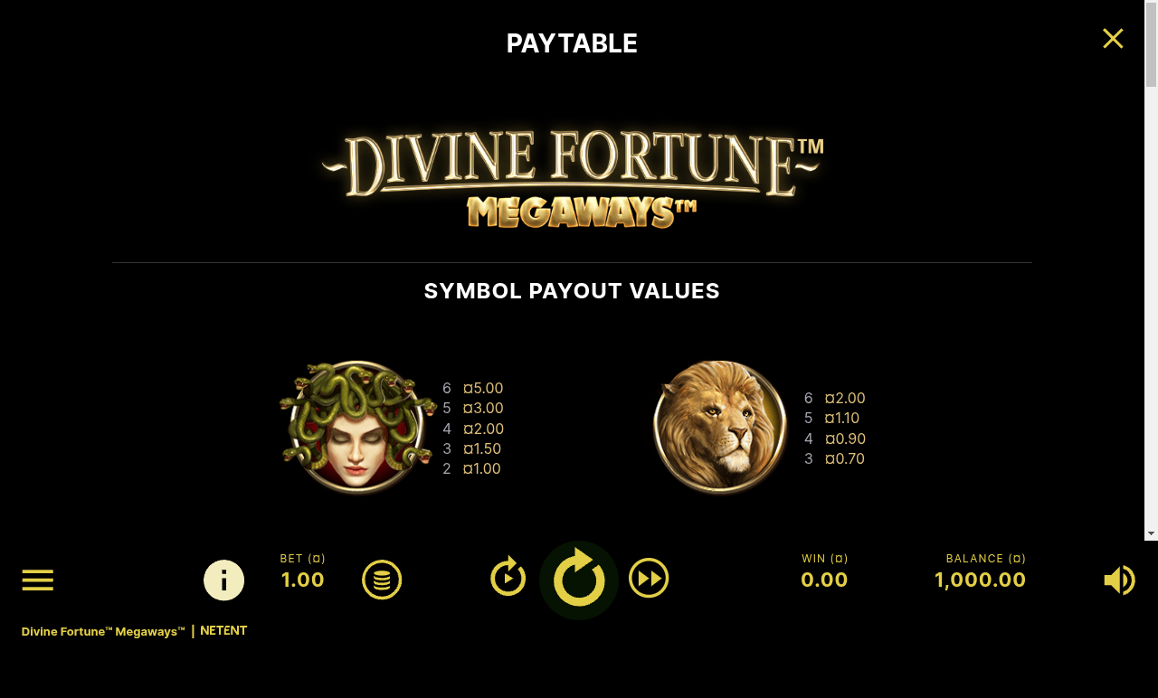 Divine Fortune Megaways information screen