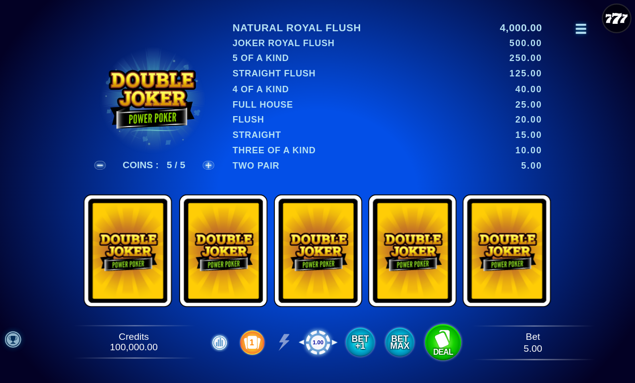 Double Joker - Power Poker paytable and rules screen