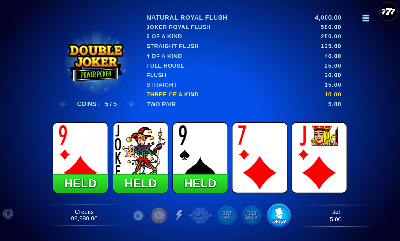 Double Joker - Power Poker gameplay showing a held Three of a Kind hand