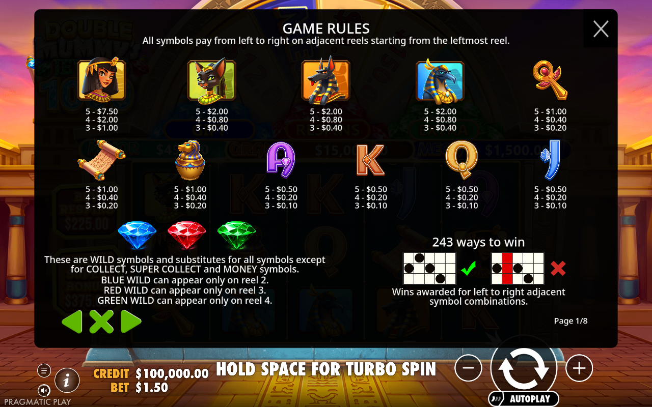 Double Mummy's Jewels 1000 information screen