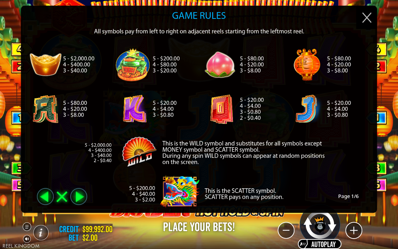 Dragon Hot Hold and Spin information screen